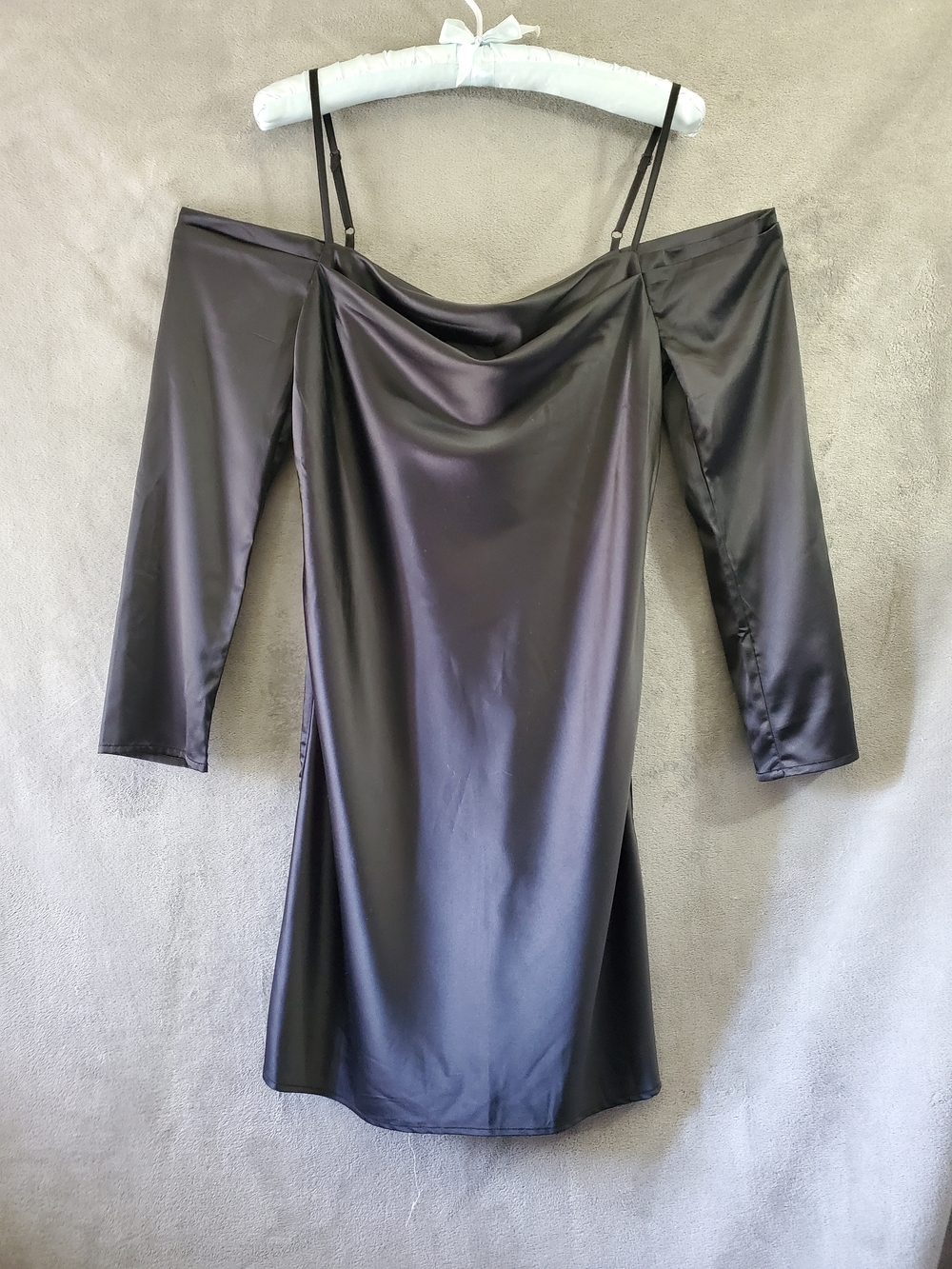 Venus Black Off-Shoulder Satin Mini Dress